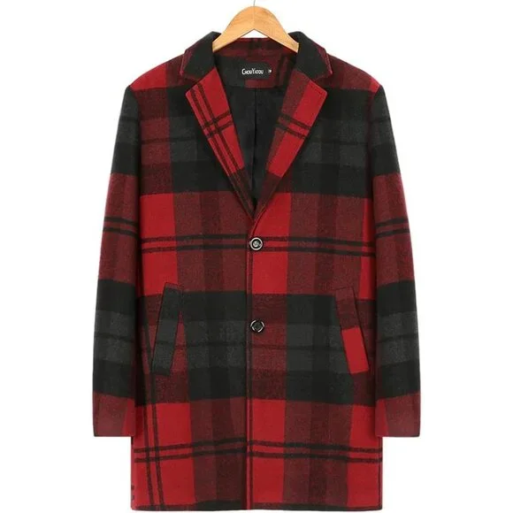 💫 Men Red Casual Trench Coat Notched Collar Single Breasted Wool Blend Top Coat